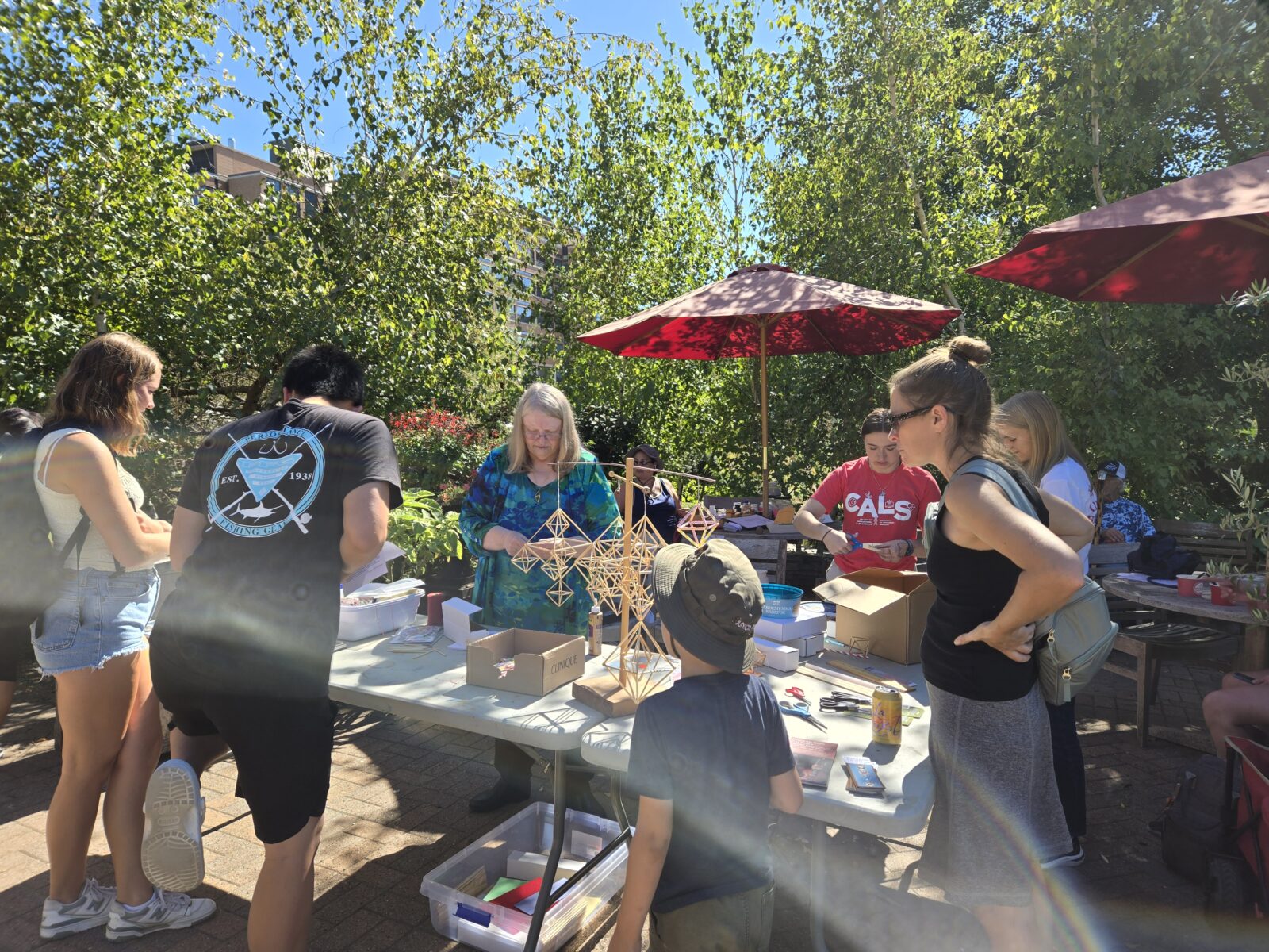 Master Himmeli maker demonstrating making straw mobiles to children and adults
